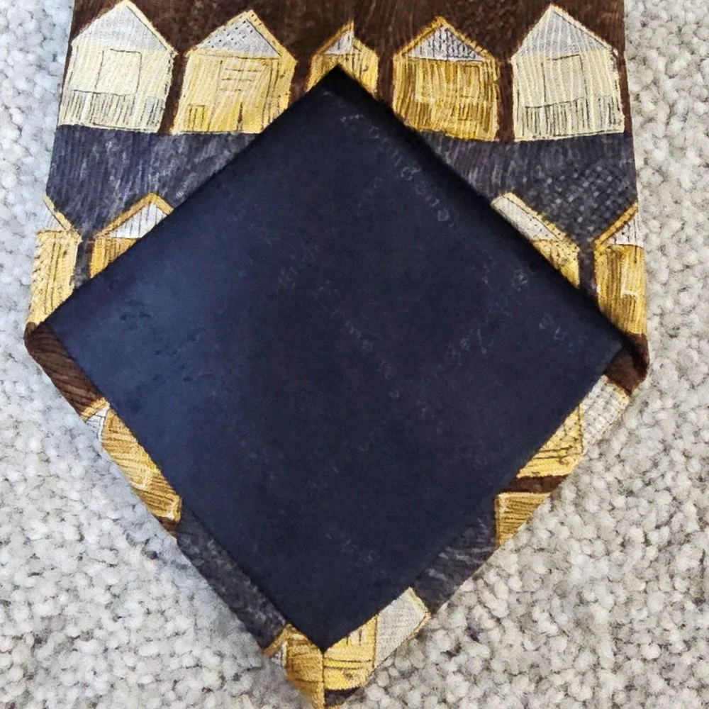Ermenegildo‎ Zegna 100% Silk Tie Brown Gold Beach Hut Pattern Novelty Designer